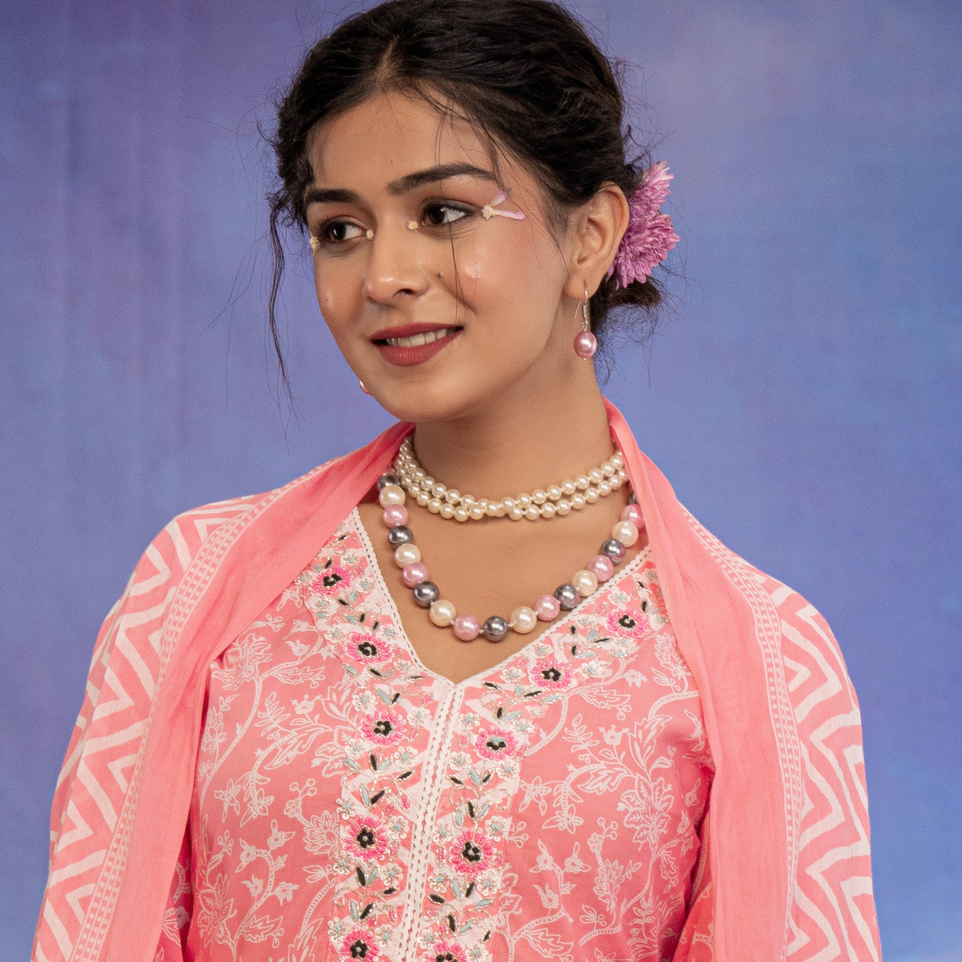 Multi Shell Pearl Necklace And Pearl Double Layer Choker With Earrings