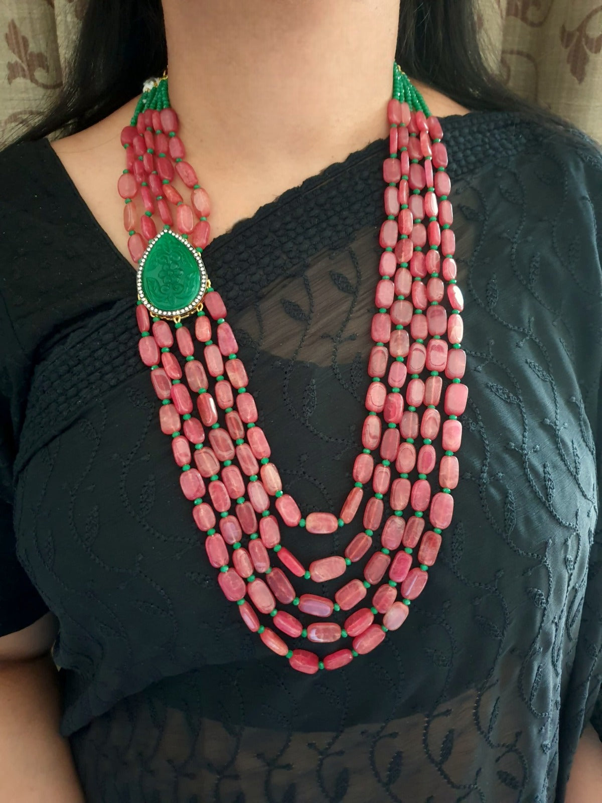 Ruby Stone Necklace With Engraved Stone Brooch