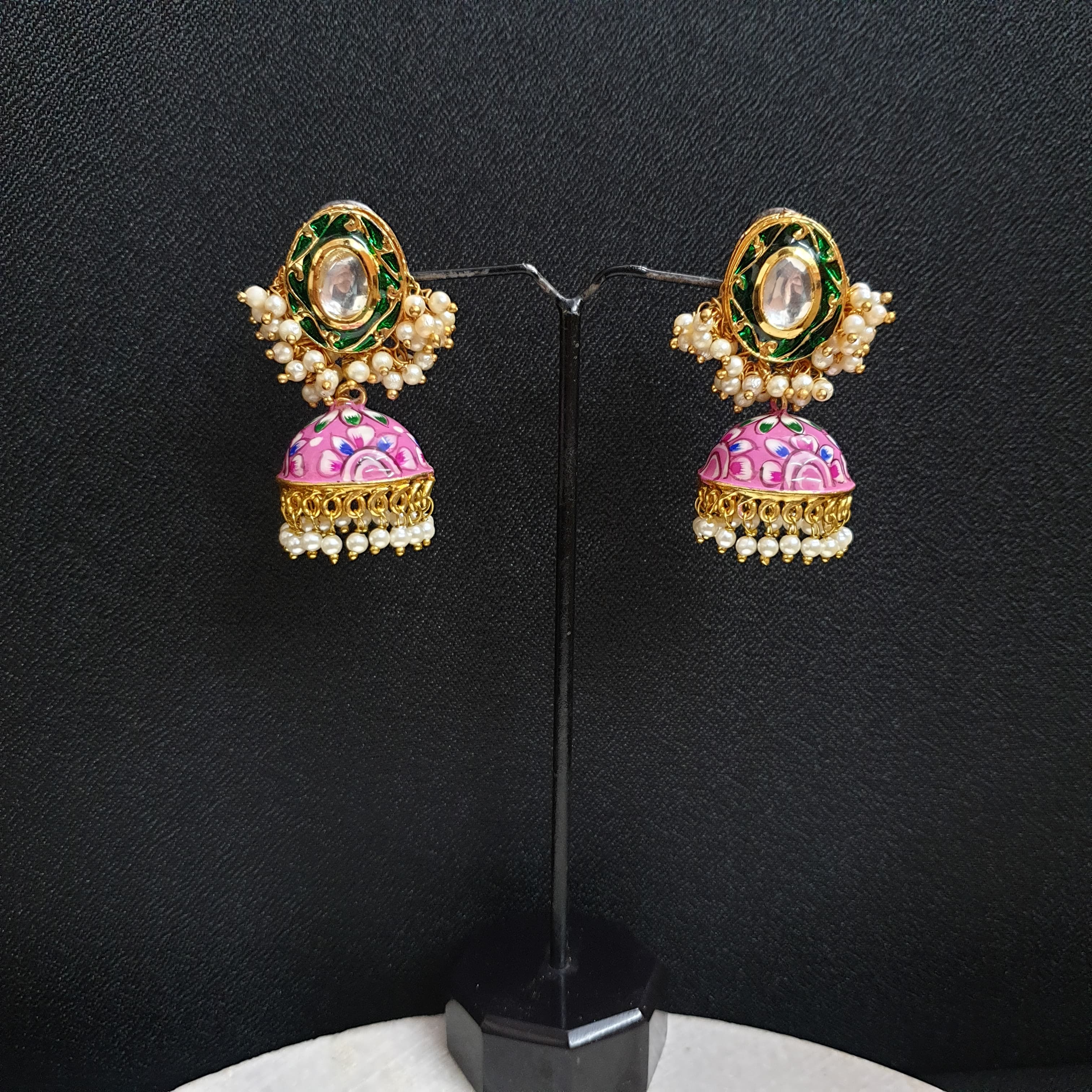 Pink Green Handpainted Jhumki Kundan Earrings