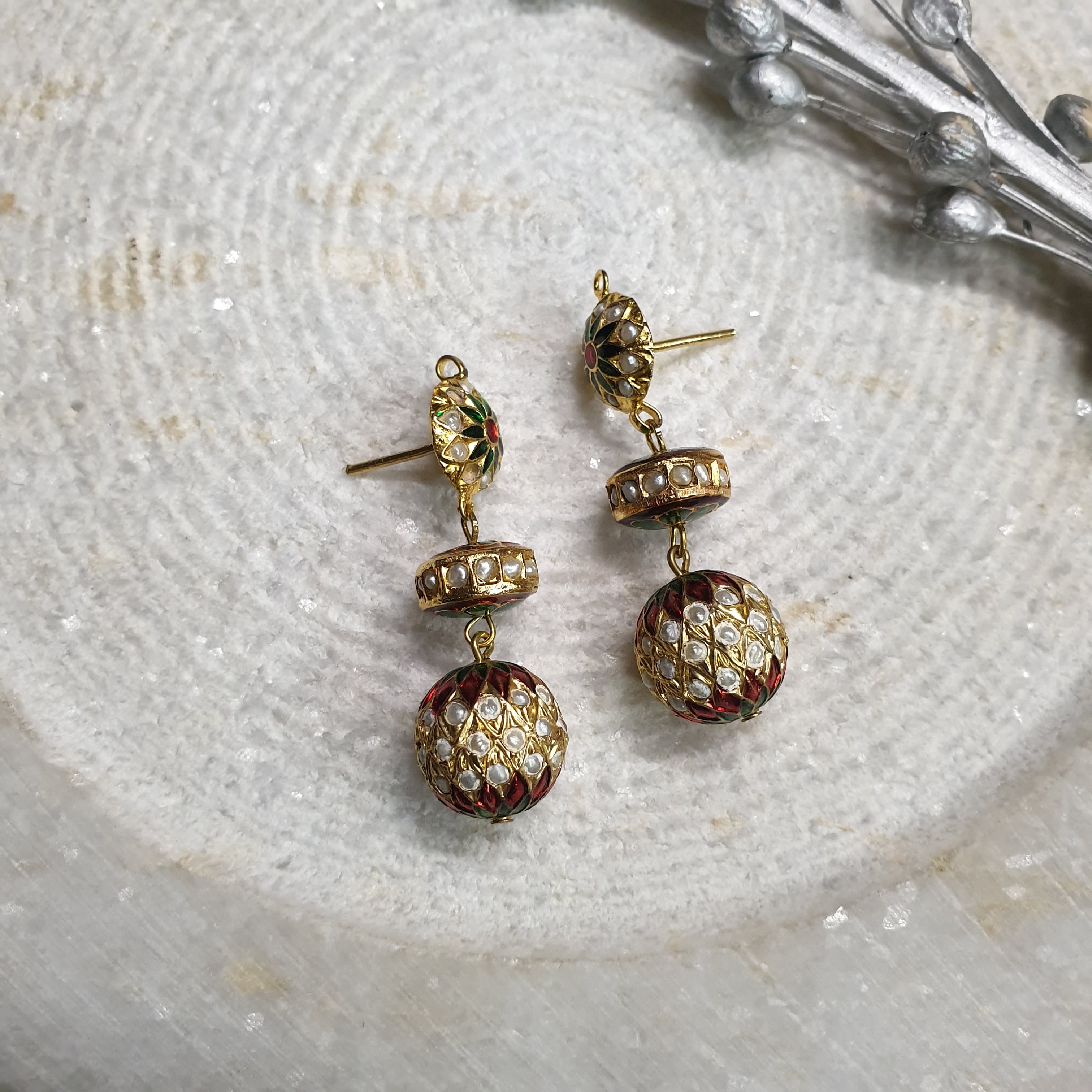 Real Pearl Jadau Meenakari Beaded Earrings