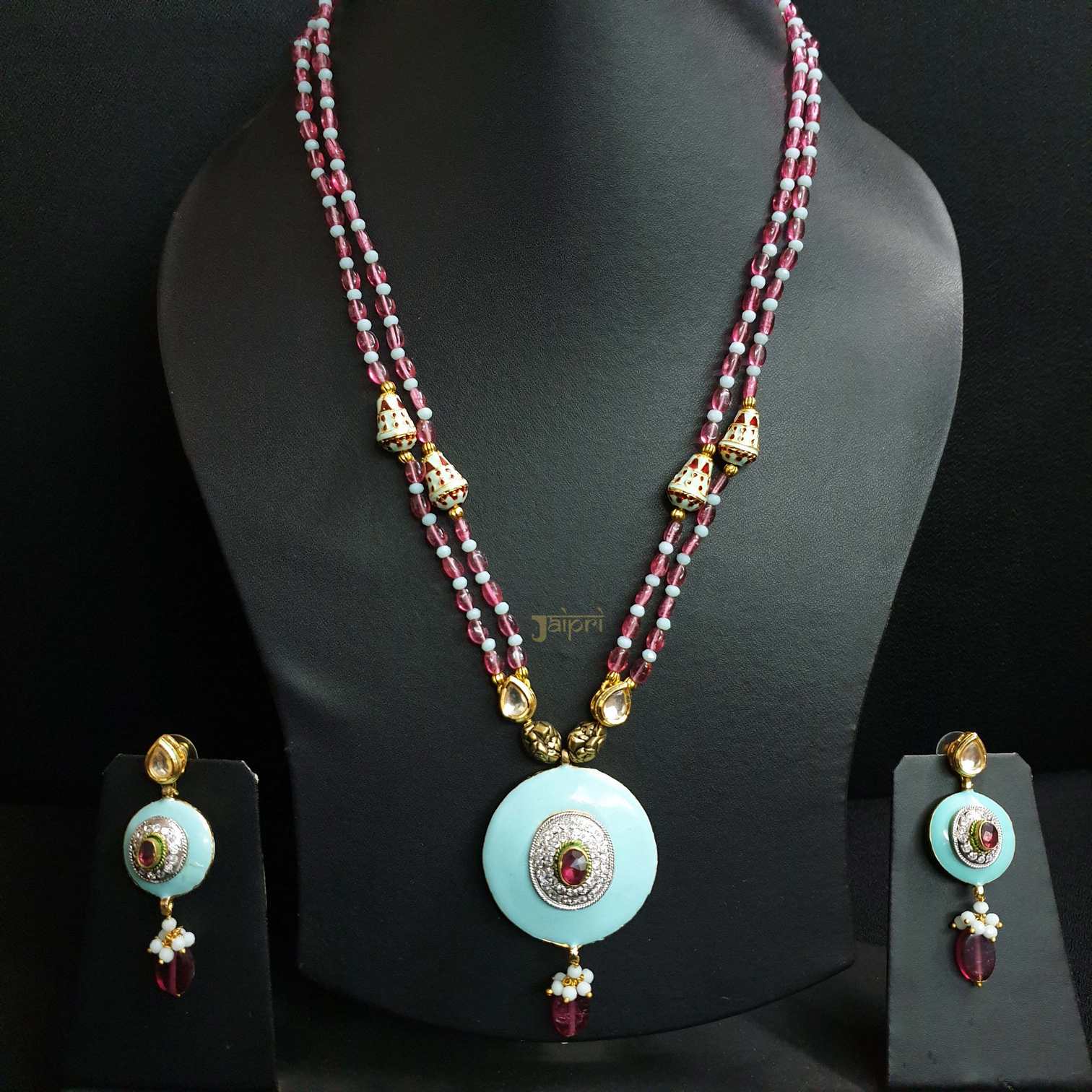 Pink Beads Stone Turquoise Pendant With Earrings
