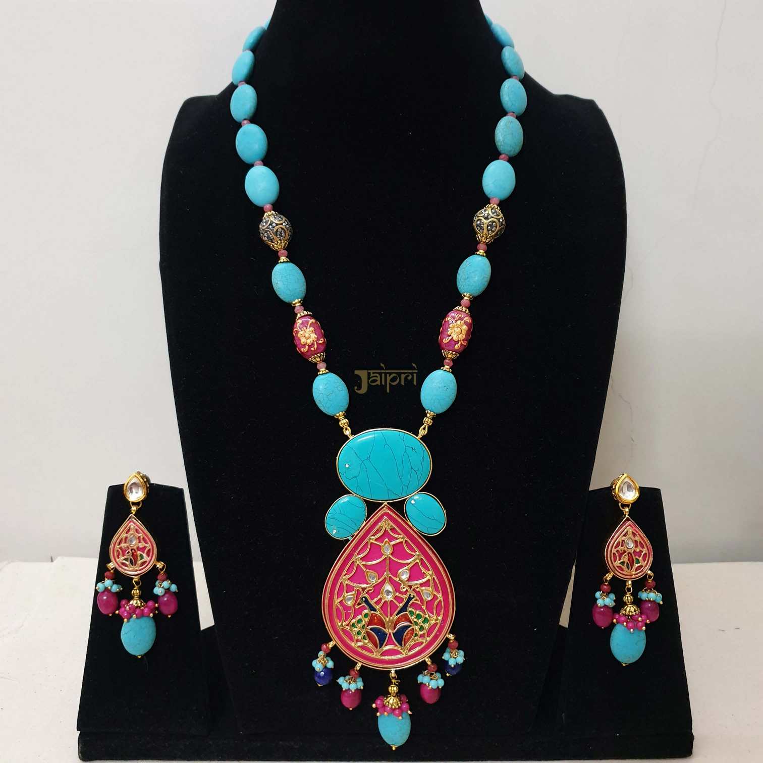Turquoise Beads Stone & Meenakari Fusion Pendant With Earrings