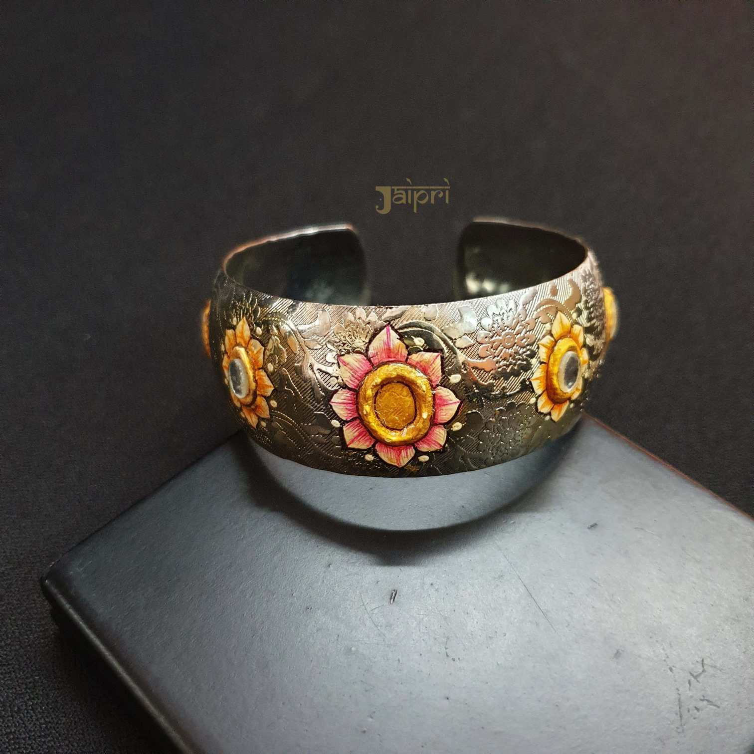 Adorable Floral Meenakari Oxidized Cuff Bangle