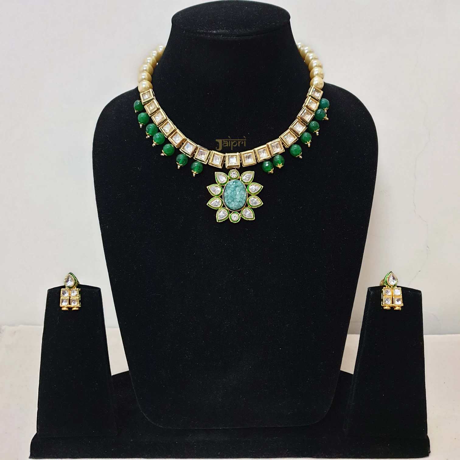 Kundan Green Beaded Necklace With Earrings