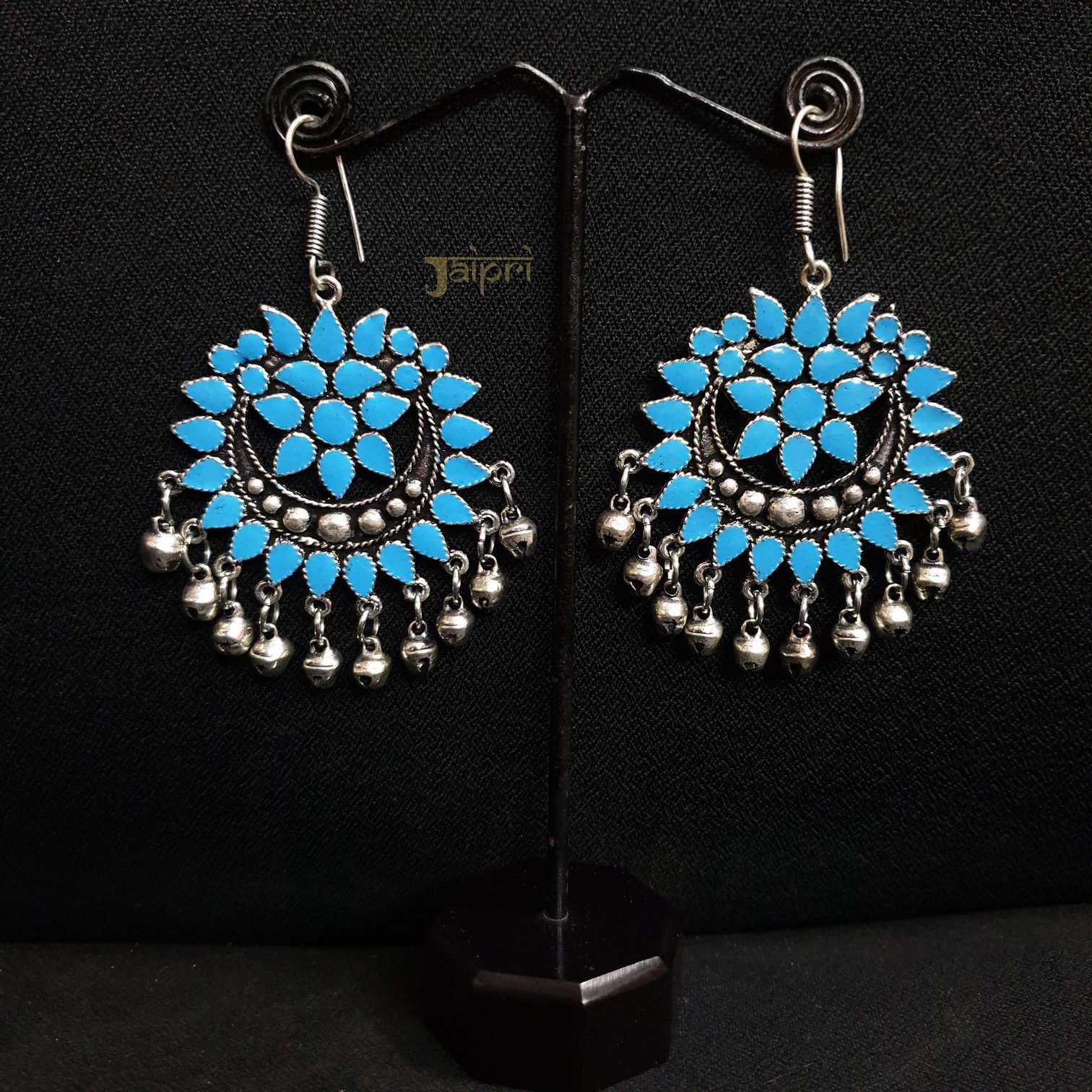 Turquoise Afghani Oxidised Silver Chandbali Earrings