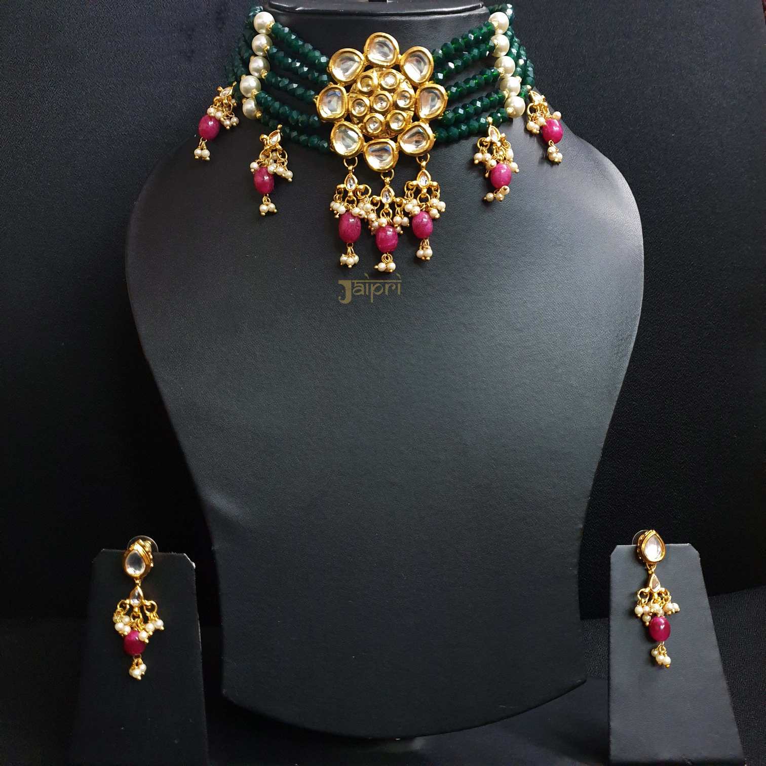 Floral Green Beads Stone Kundan-Jadau Designer Choker With Earrings