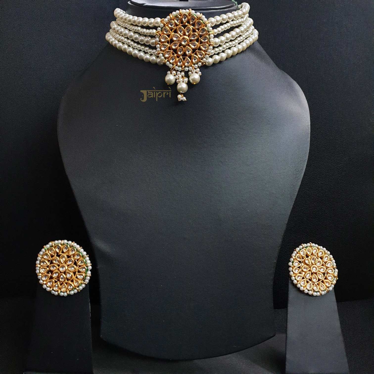 Floral White Kundan-Jadau Stone Choker With Earrings