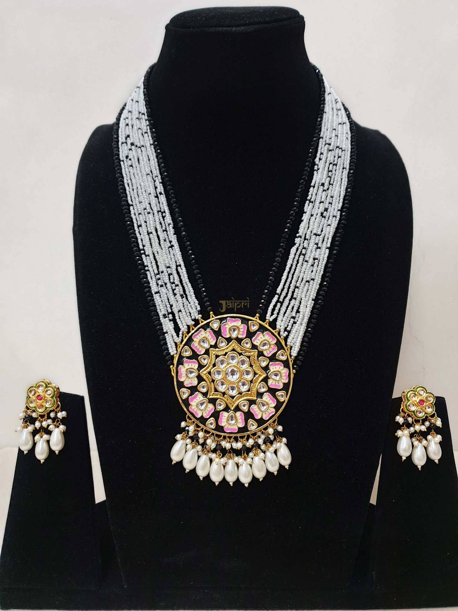 Floral Pink & Black Meenakari Pendant With Earrings