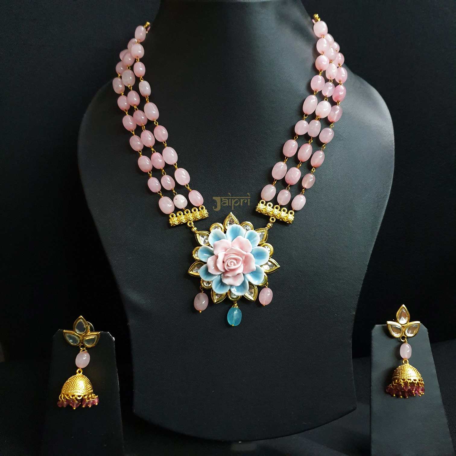 Rose Quartz Stone Floral Fusion Pendant With Earrings