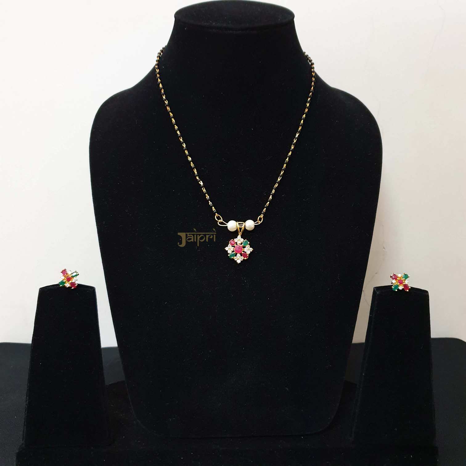 Green Ruby Stone Floral Mangalsutra With Earrings