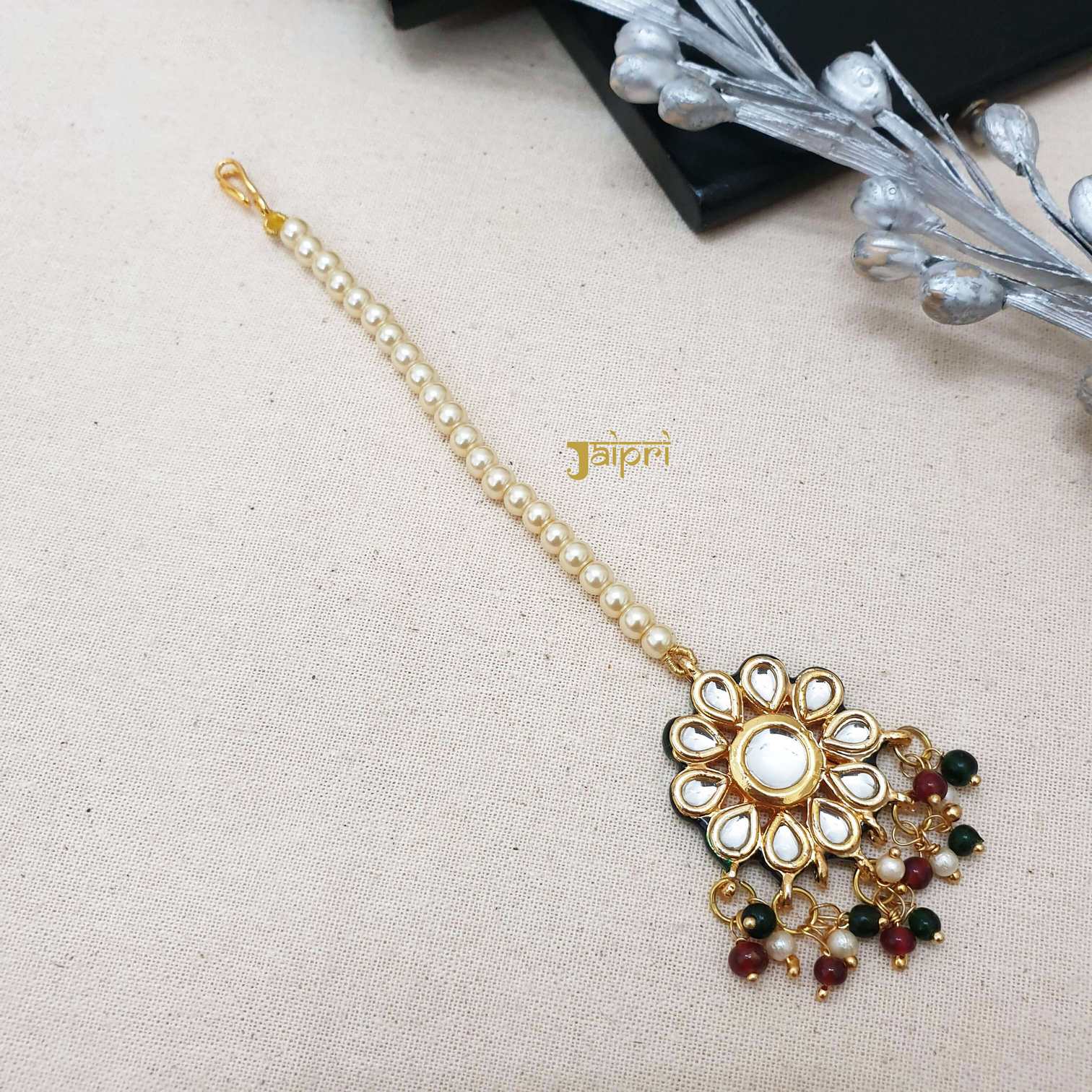 Kundan-Jadau Floral & Pearl Beads Stone Maang Tikka