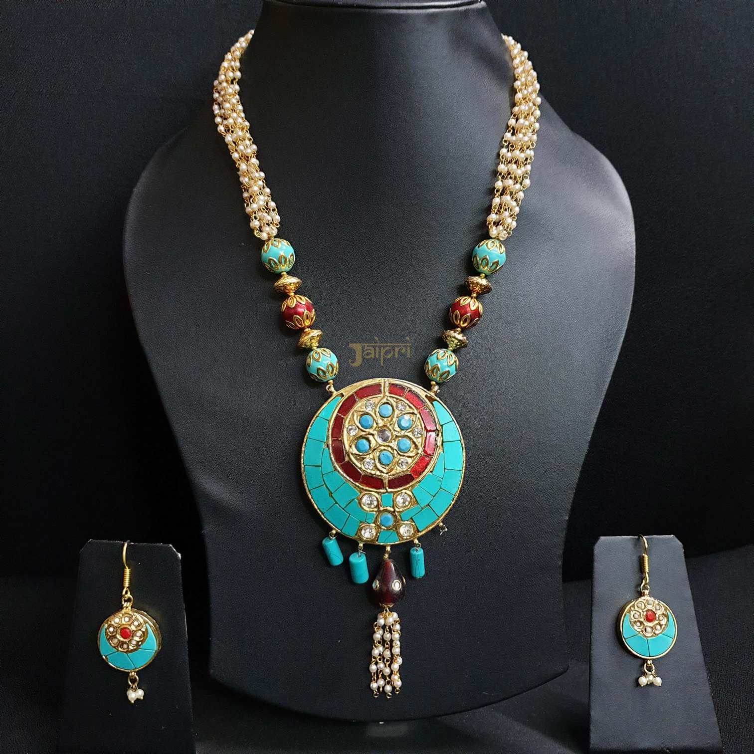Pearl Beads Stone Meenakari & Fusion Pendant With Earrings