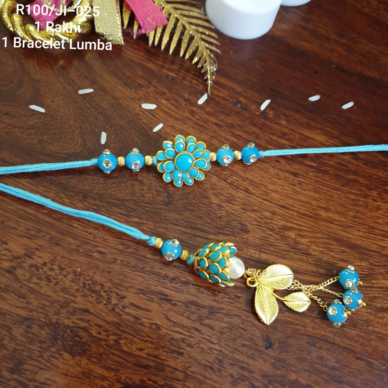 Turquoise Floral Bhaiya Bhabhi Rakhi Set