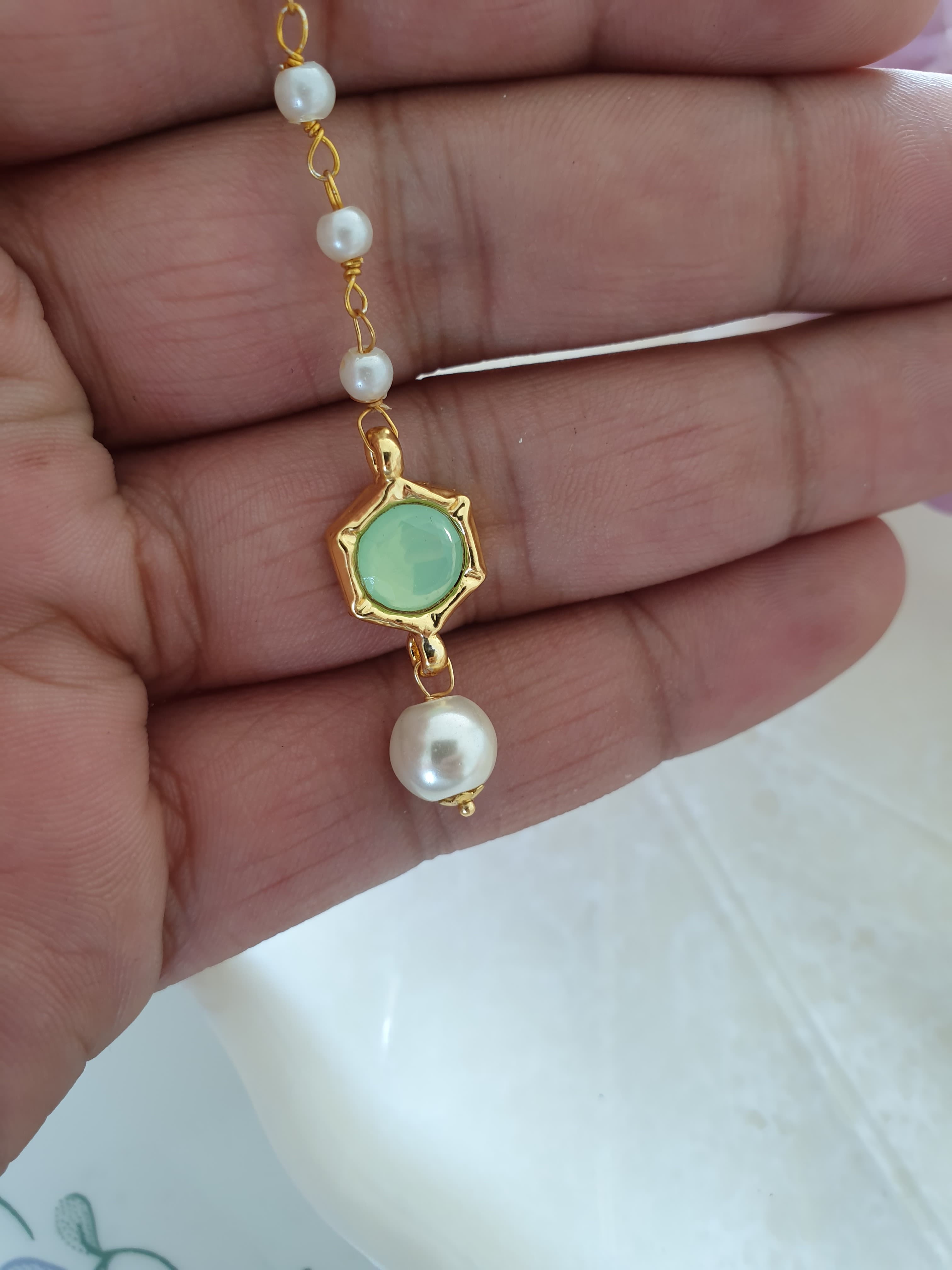 Pista Green Stone Meenakari Pearl Beaded Maang Tikka