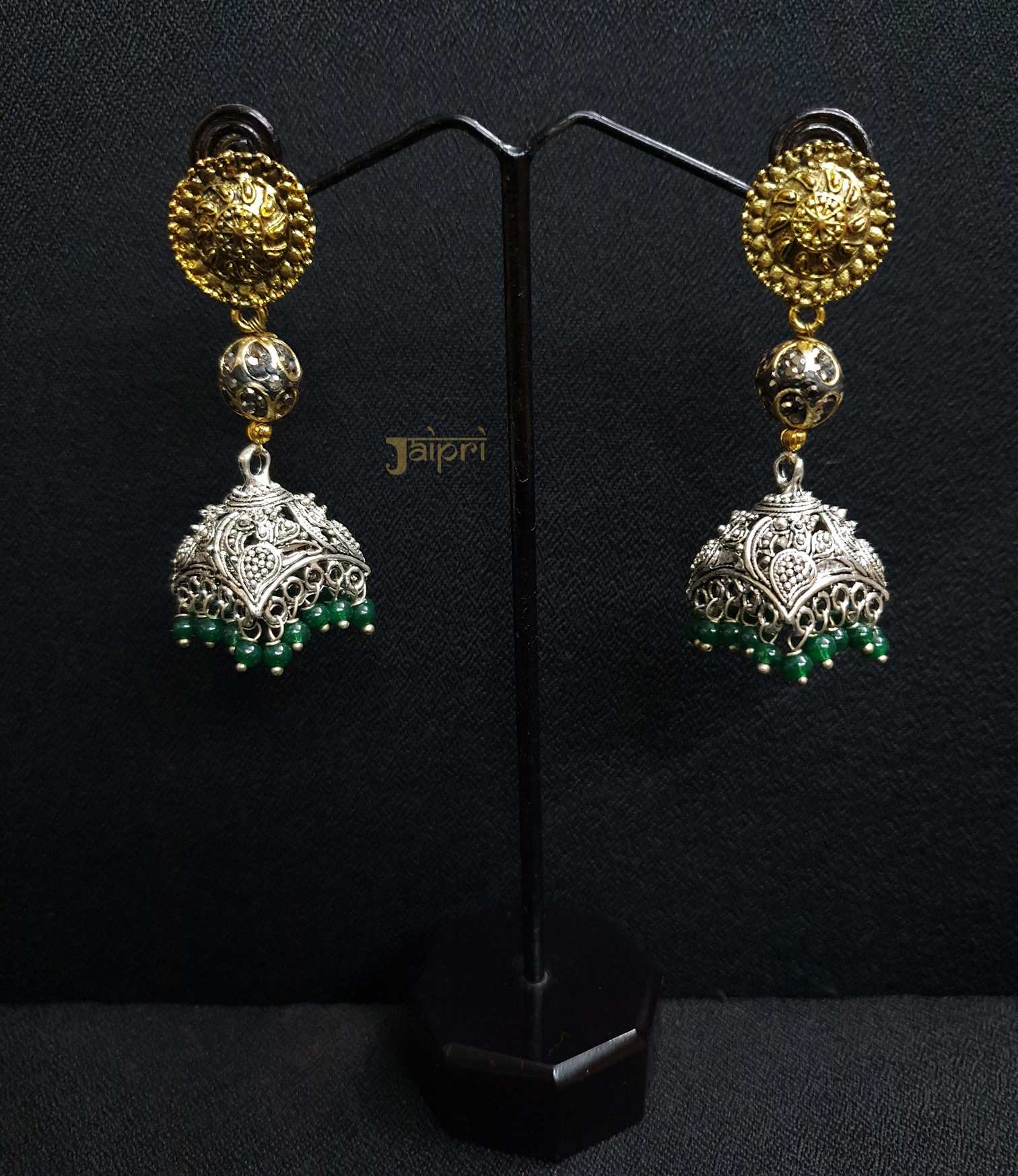 Zircon Stone Dual Tone Oxidised Jhumki Earrings