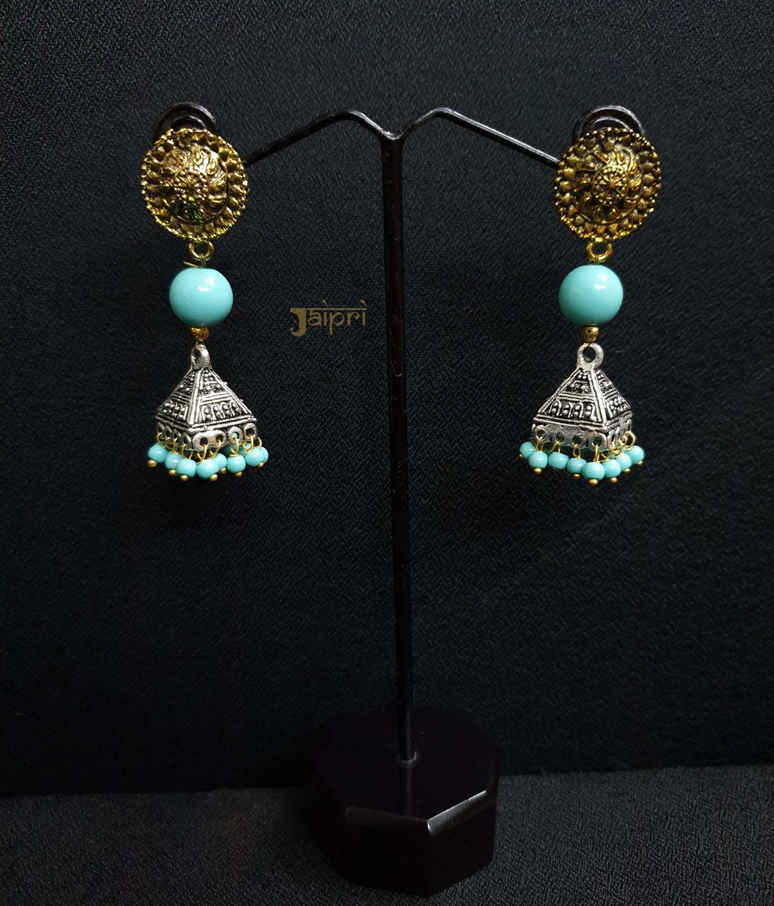 Turquoise Stone Oxidised Jhumki Earrings