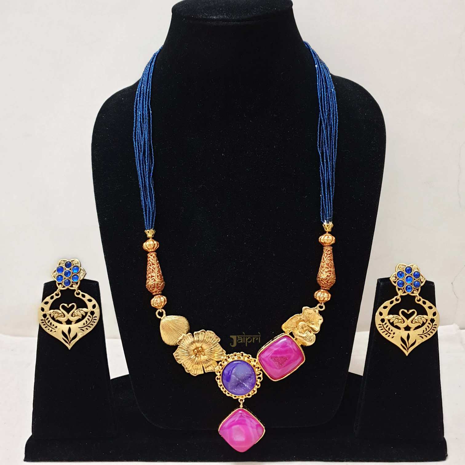 Pink & Lapis Stone Fusion Gold Pendant With Earrings