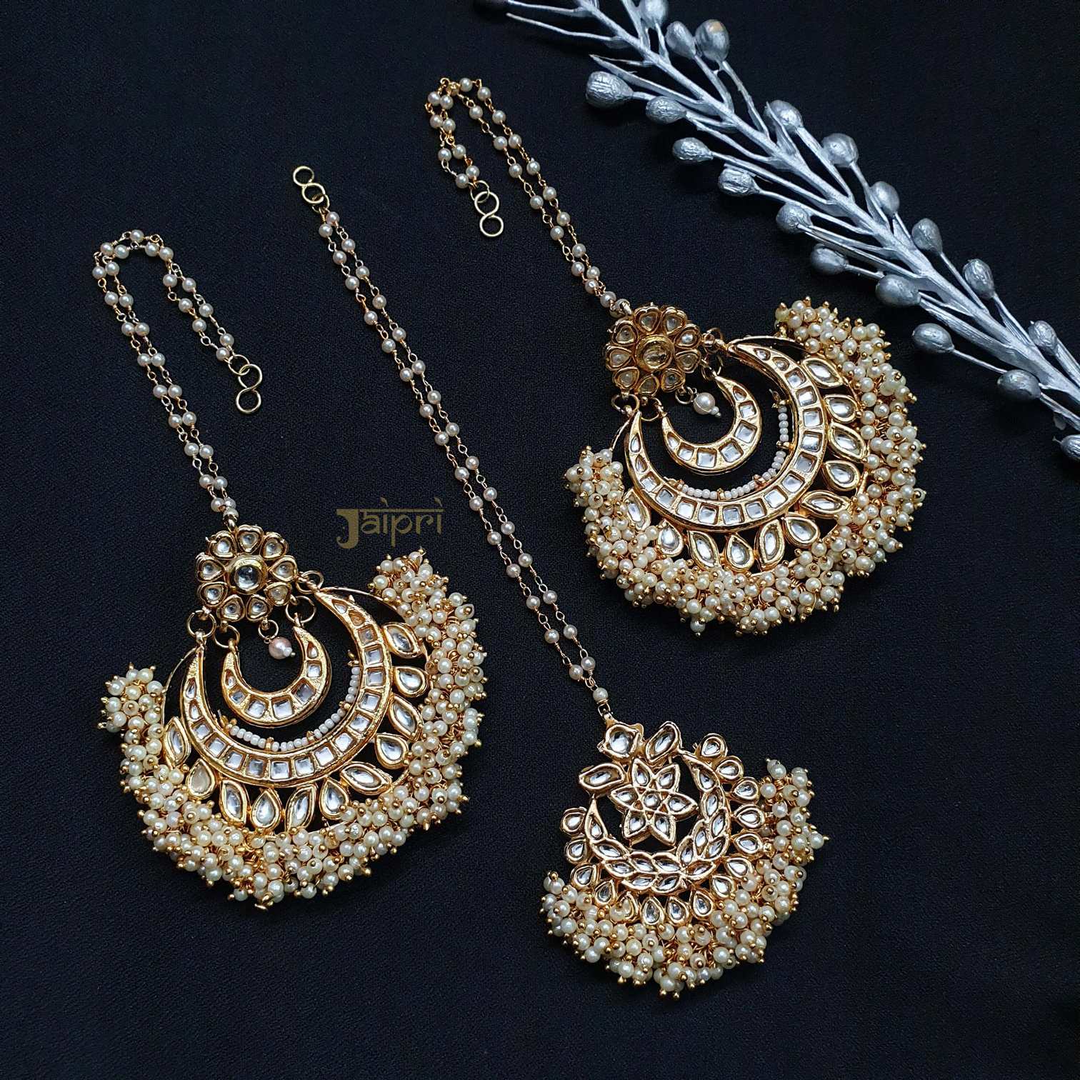 Designer Chand-bali Kundan & Meenakari Earrings With Maangtikka
