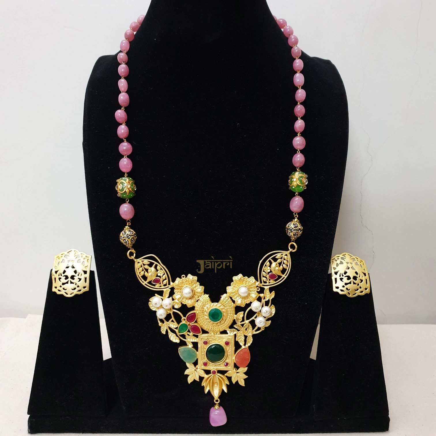 Rose Quartz Stone Gold Fusion Pendant With Earrings
