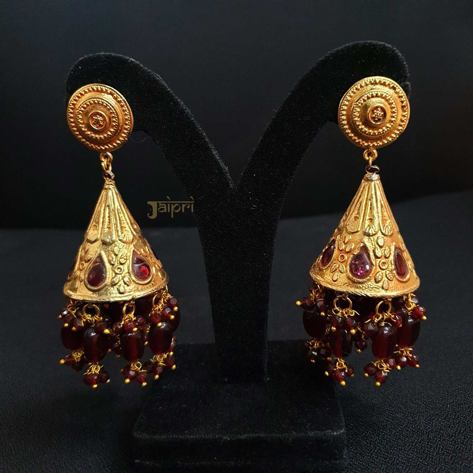 Gold Tone Ruby Stone Gold Jhumki Earrings