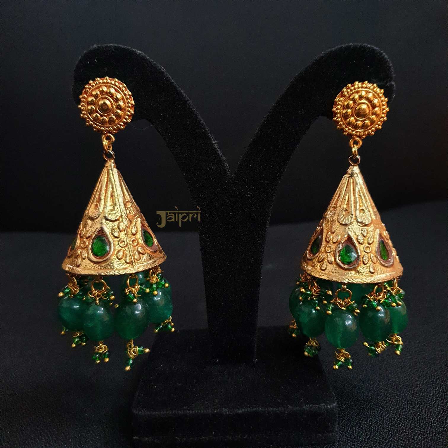 Green Stone Triangle Jhumki Design Earrings