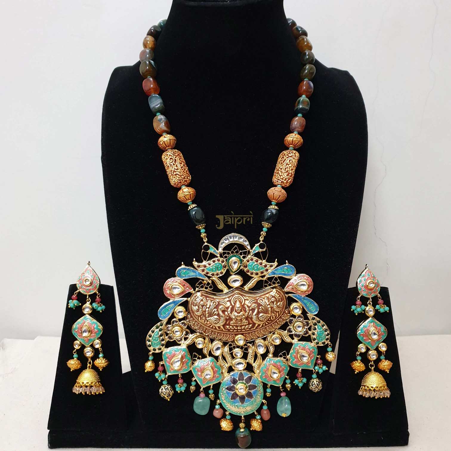 Bridal Fusion Multicolor Beads Stone Pendant With Earrings