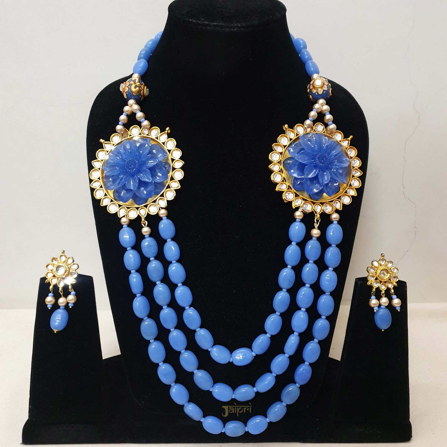 Floral Blue Beads Stone Three Layer Necklace With Earrings