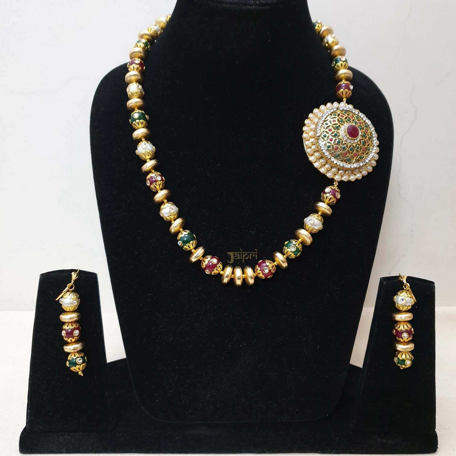 Designer Kundan & Multicolor Beads Stone Necklace With Earrings