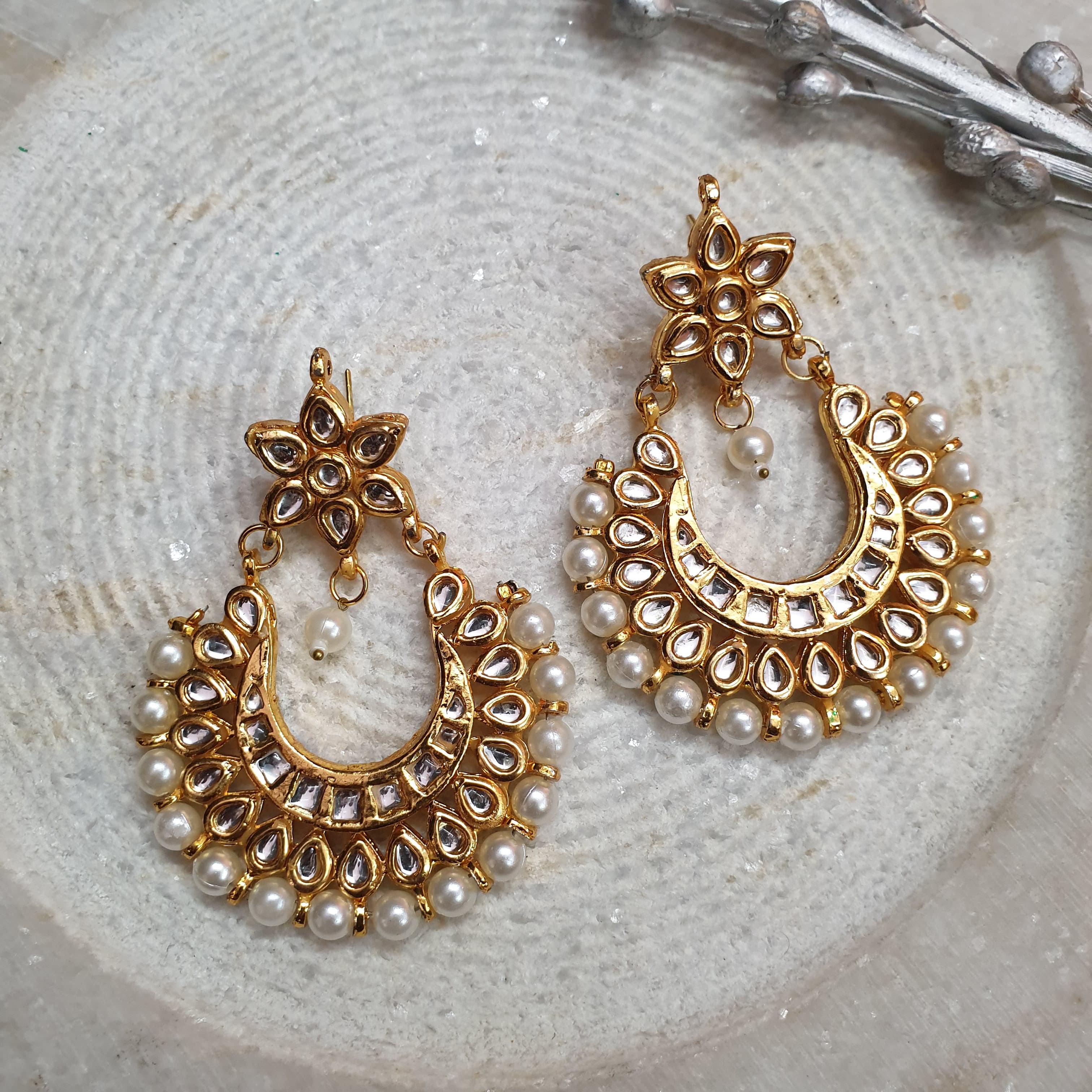 Pearl Beaded Kundan Chandbali Earrings