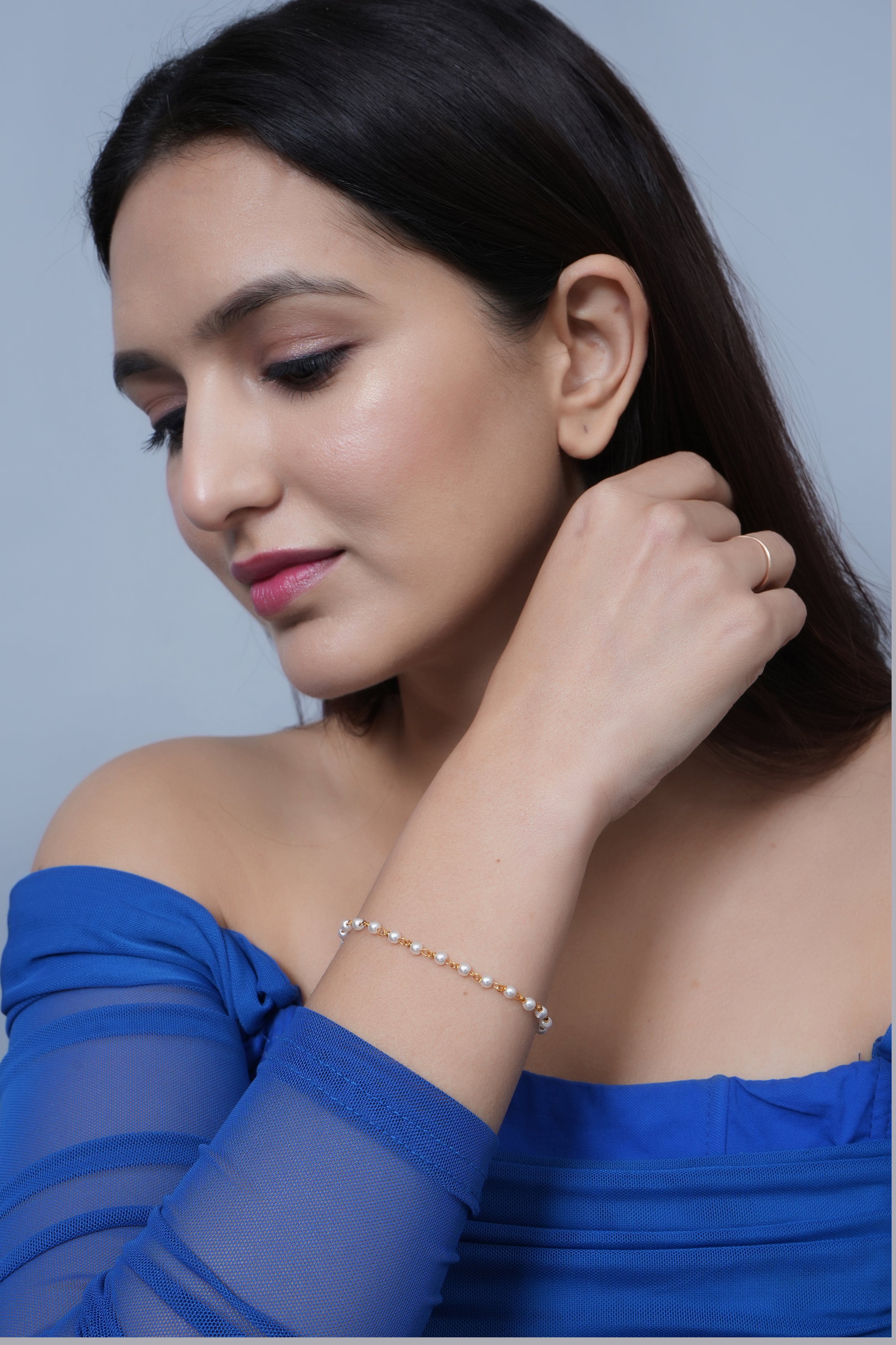 Gold Tone Small Pearl Beaded Adjustable Bracelet