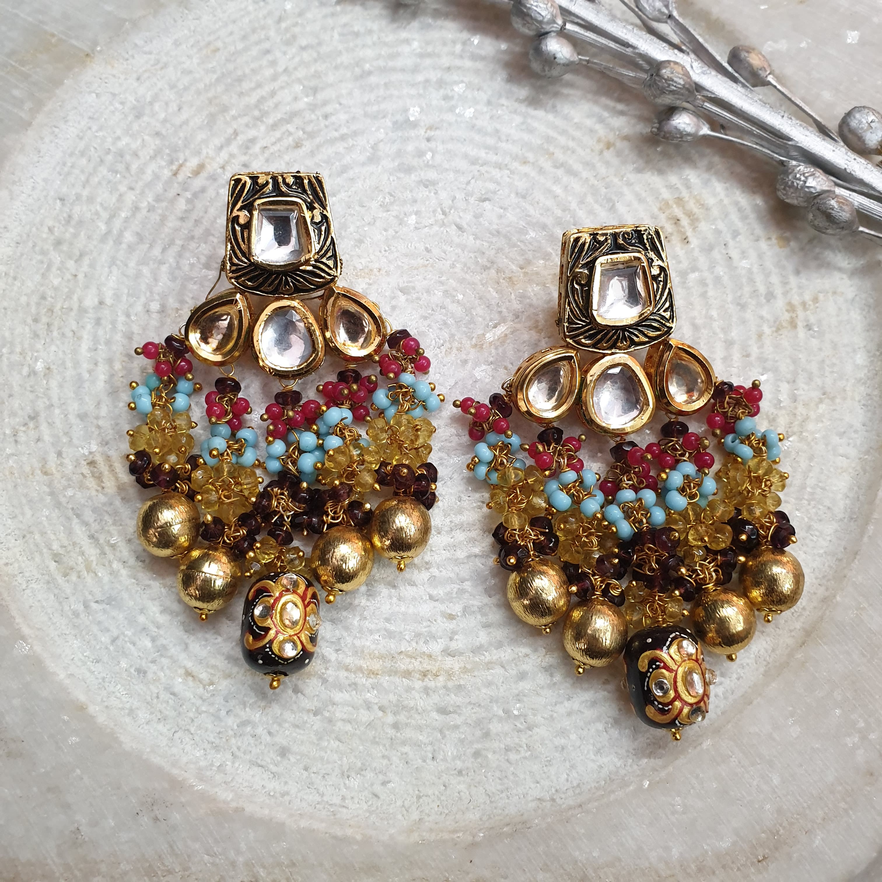 Black Kundan Stone and Meenakari Earrings