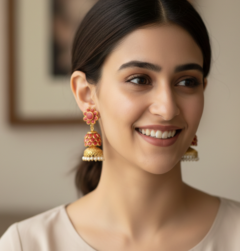 Red Floral Golden Jhumka Earrings