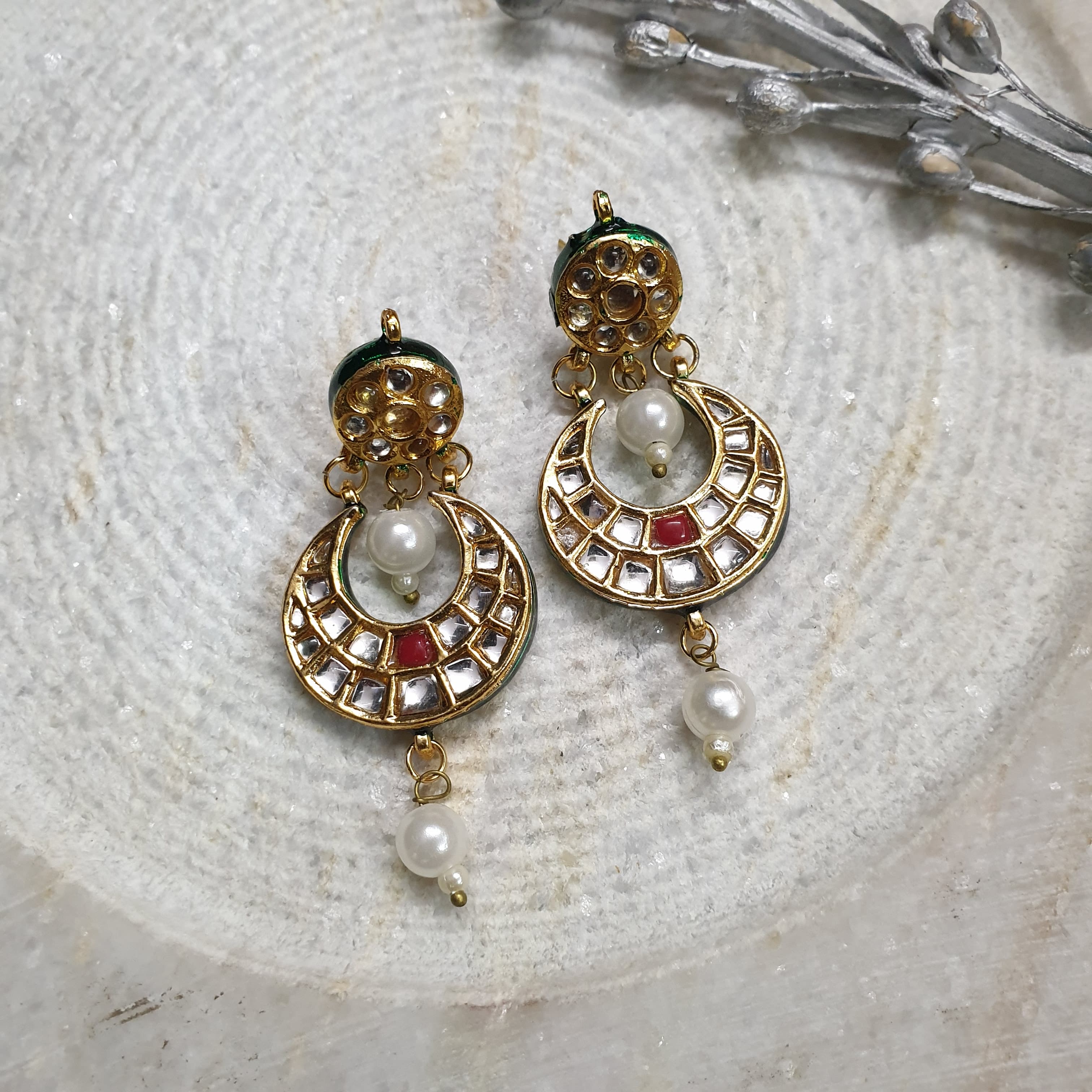 Gold Tone Red Stone Small Chandbali Earrings