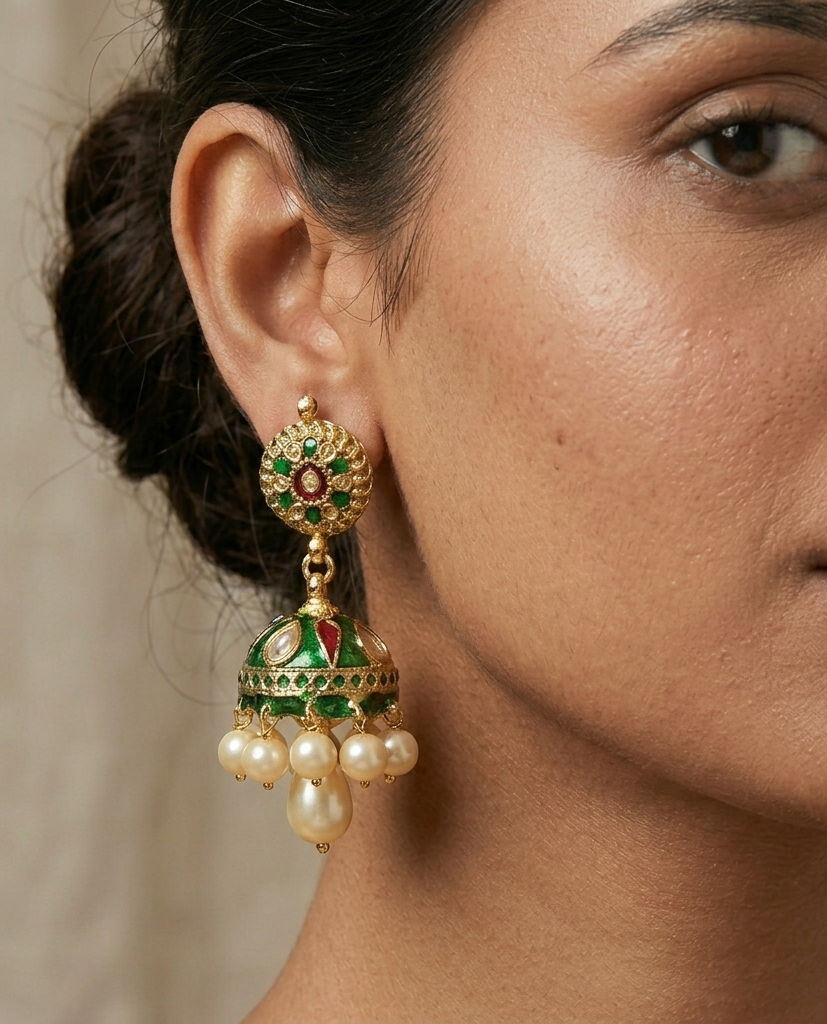 Green Red Meenakari Jhumka Earrings