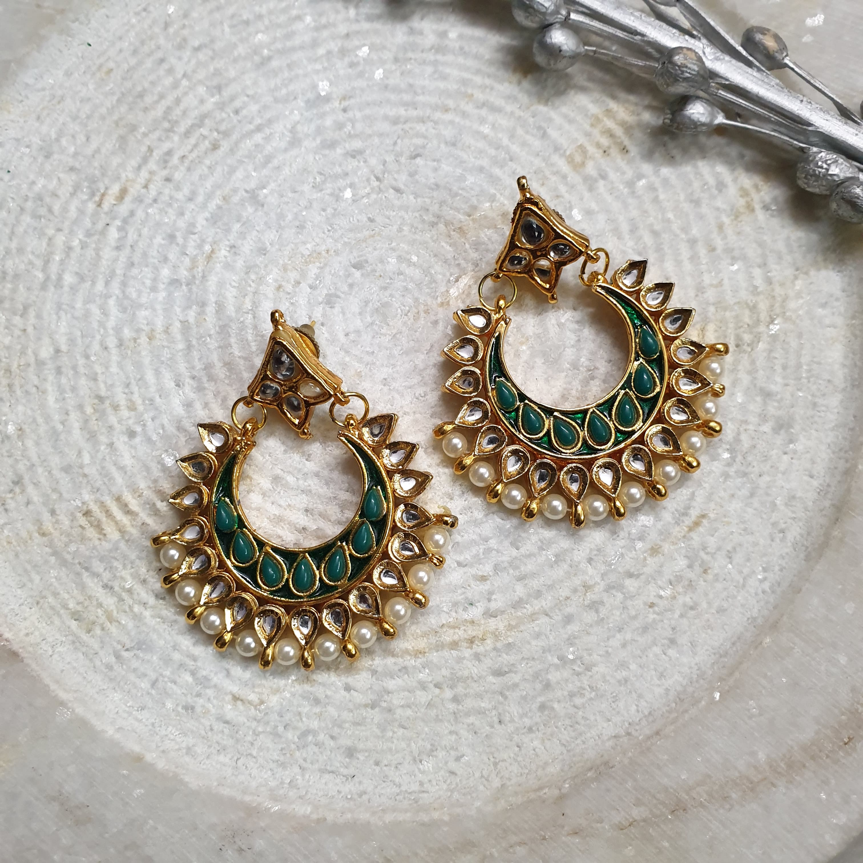 Gold Tone Green Stone Chandbali Earrings