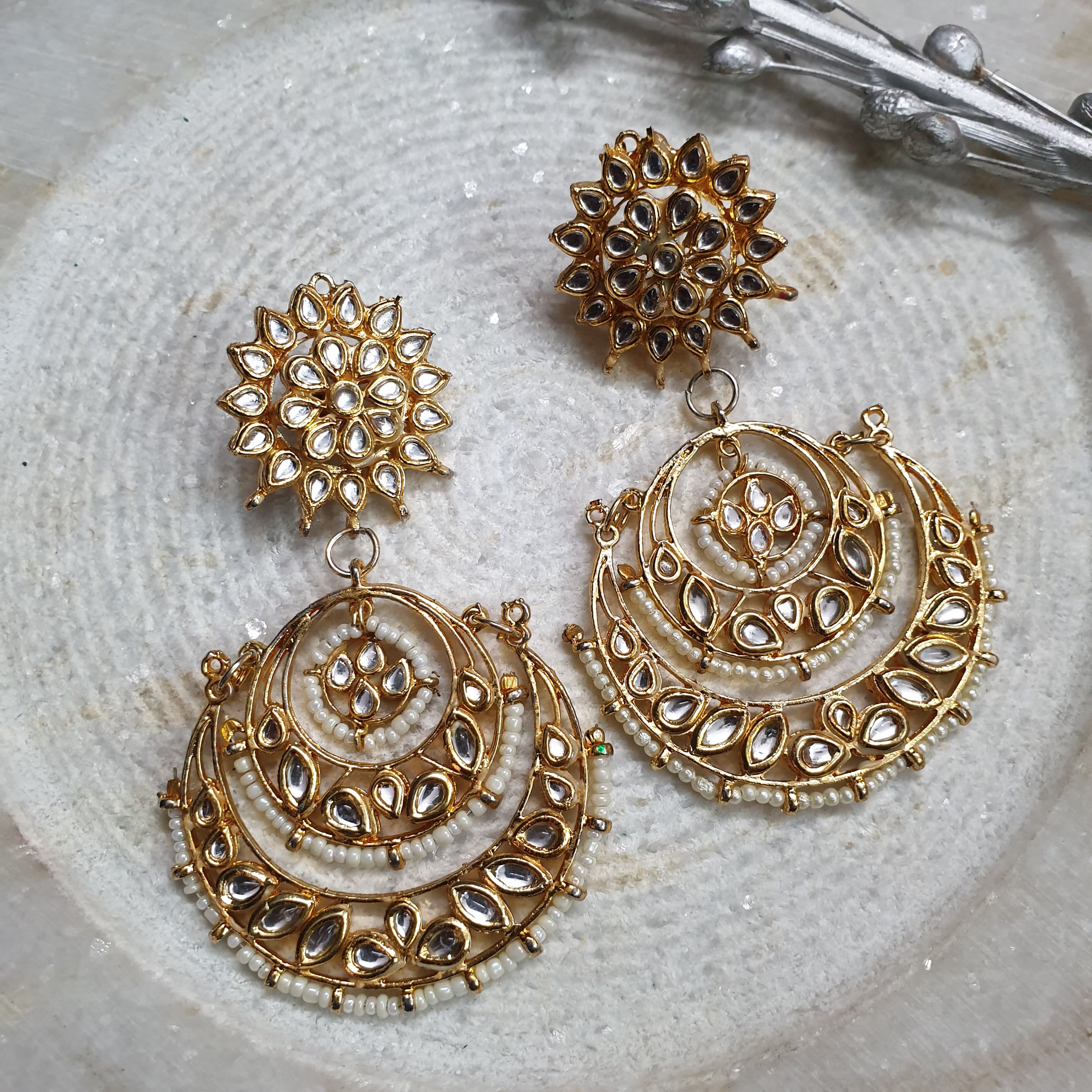 Big Kundan Stone Chandbali Earrings