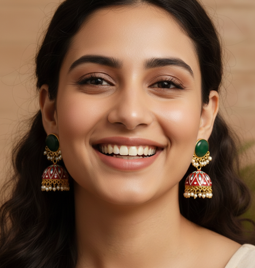 Red Green Hand Painted Jhumka Earrings