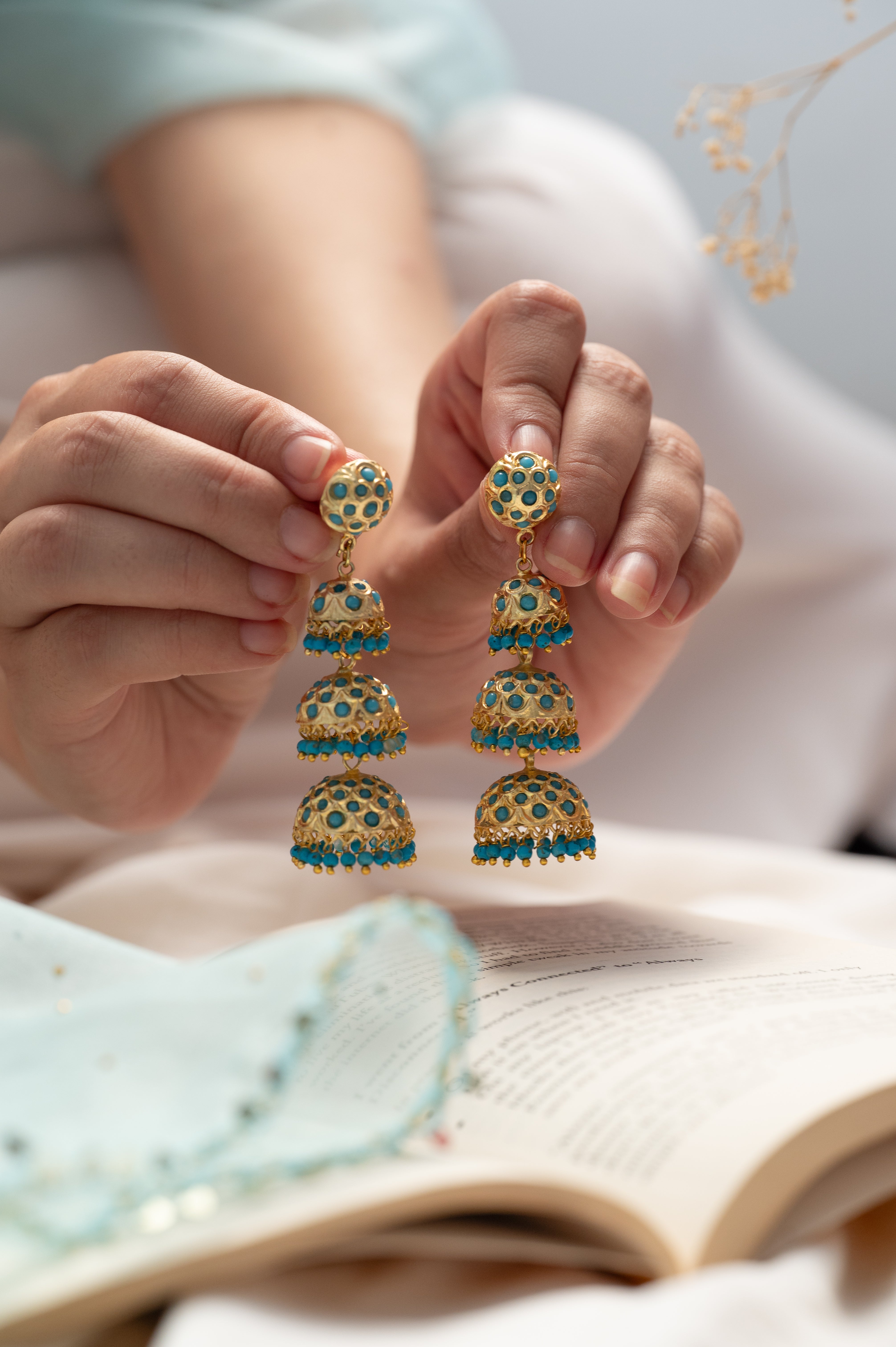 Three Layers Turquoise Jadau Jhumki Earrings