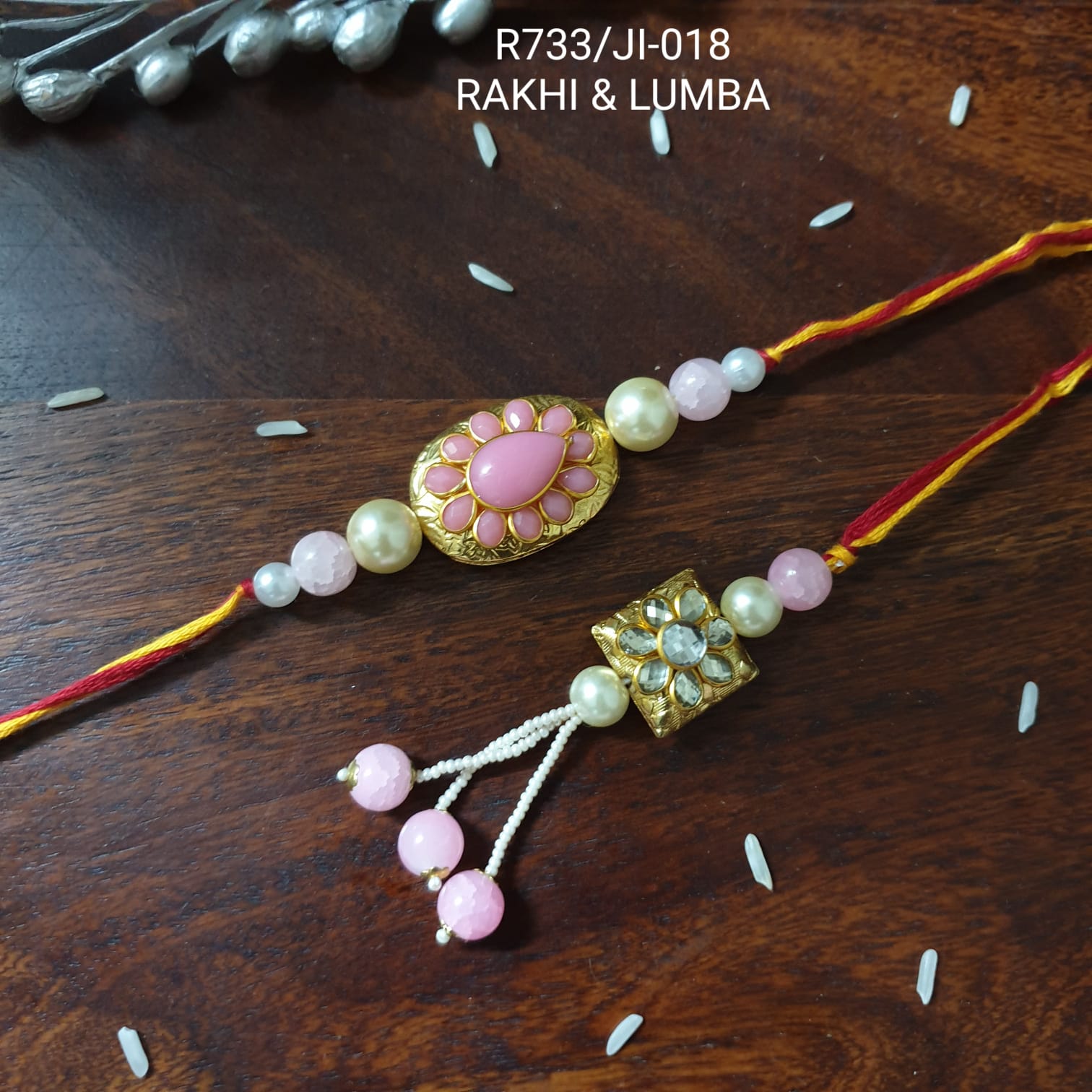Golden Pink Paachi Kundan Rakhi For Bhaiya Bhabhi