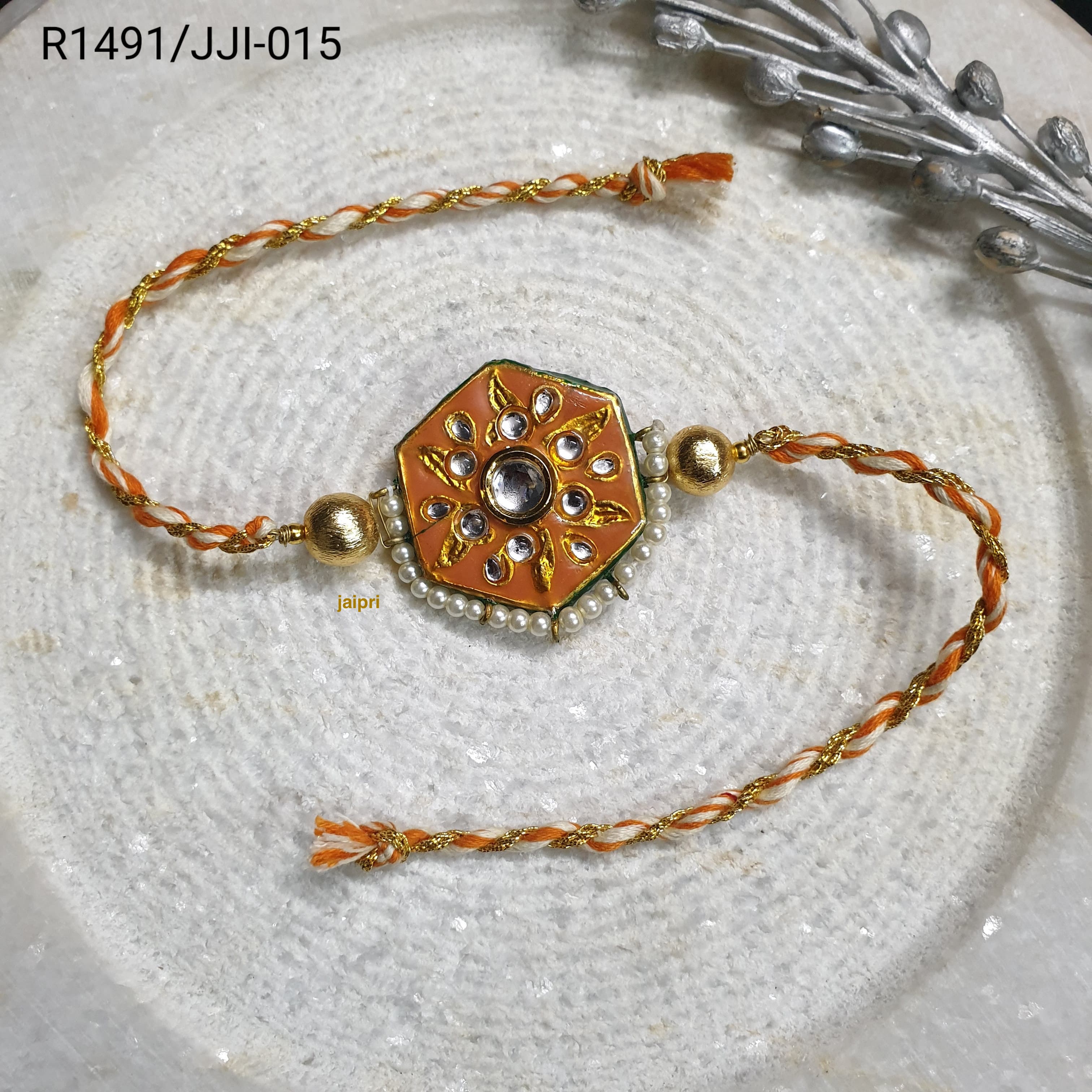 Golden Orange Kundan Meena Rakhi For Brother