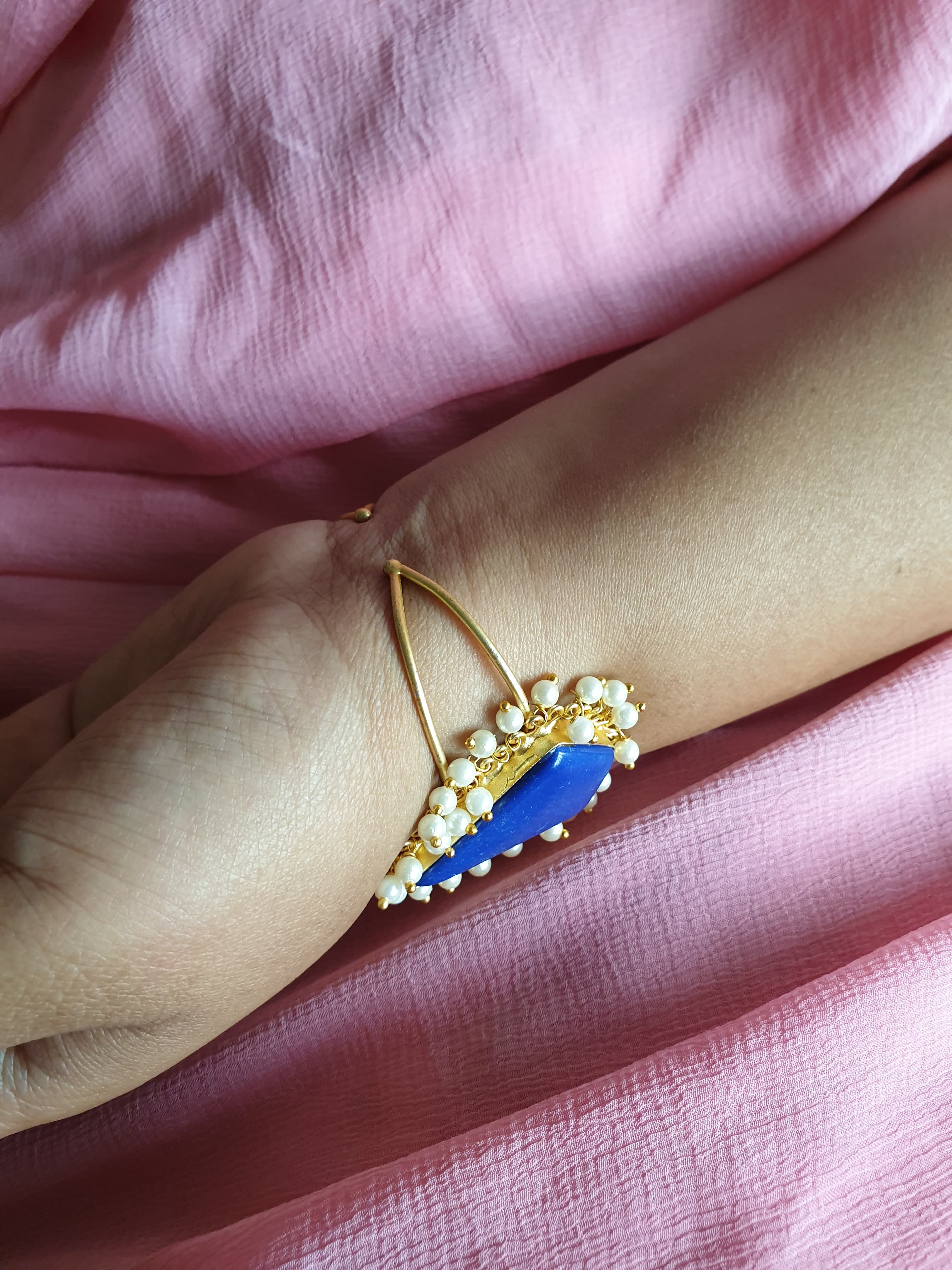 Gold Tone Blue Stone Freesize Handcuff