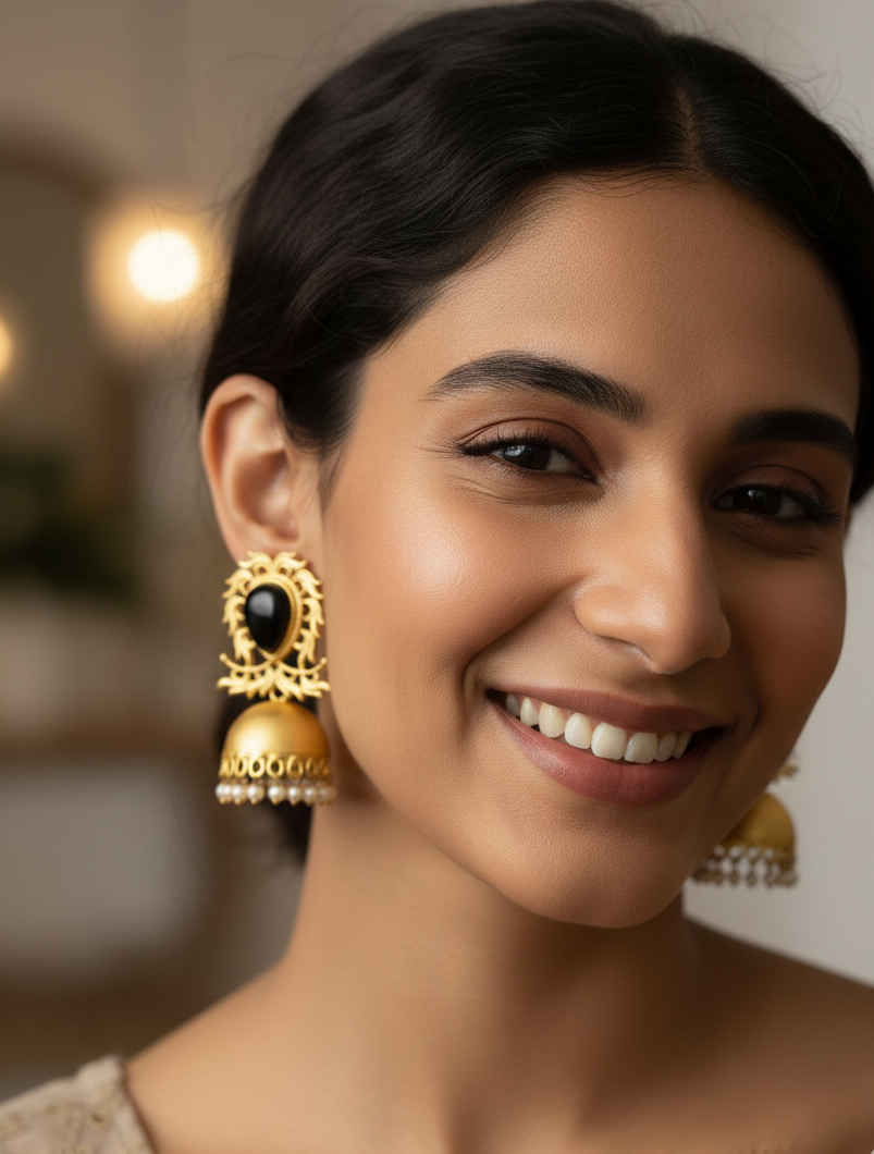 Black Stone Gold Matte Jhumki Earrings
