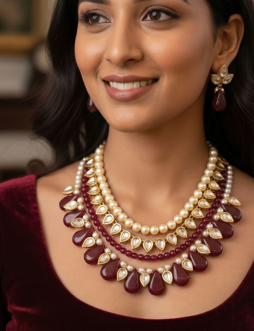 Ruby Red Kundan Necklace Set With Earrings
