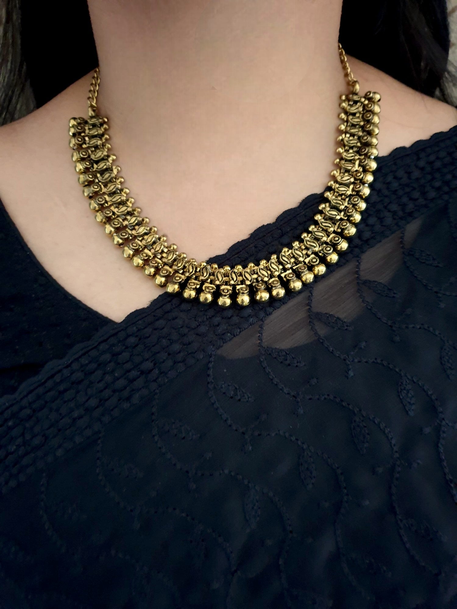 Antique Gold Chain Handcarved Necklace