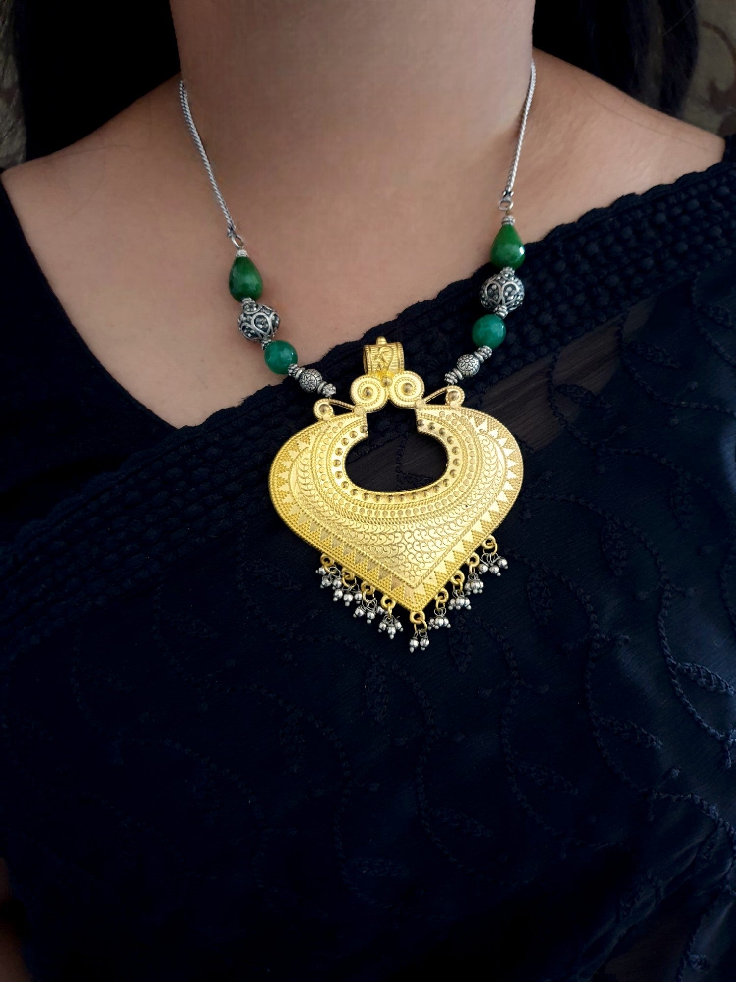 Oxidised Silver Dual Tone Green Bead Necklace