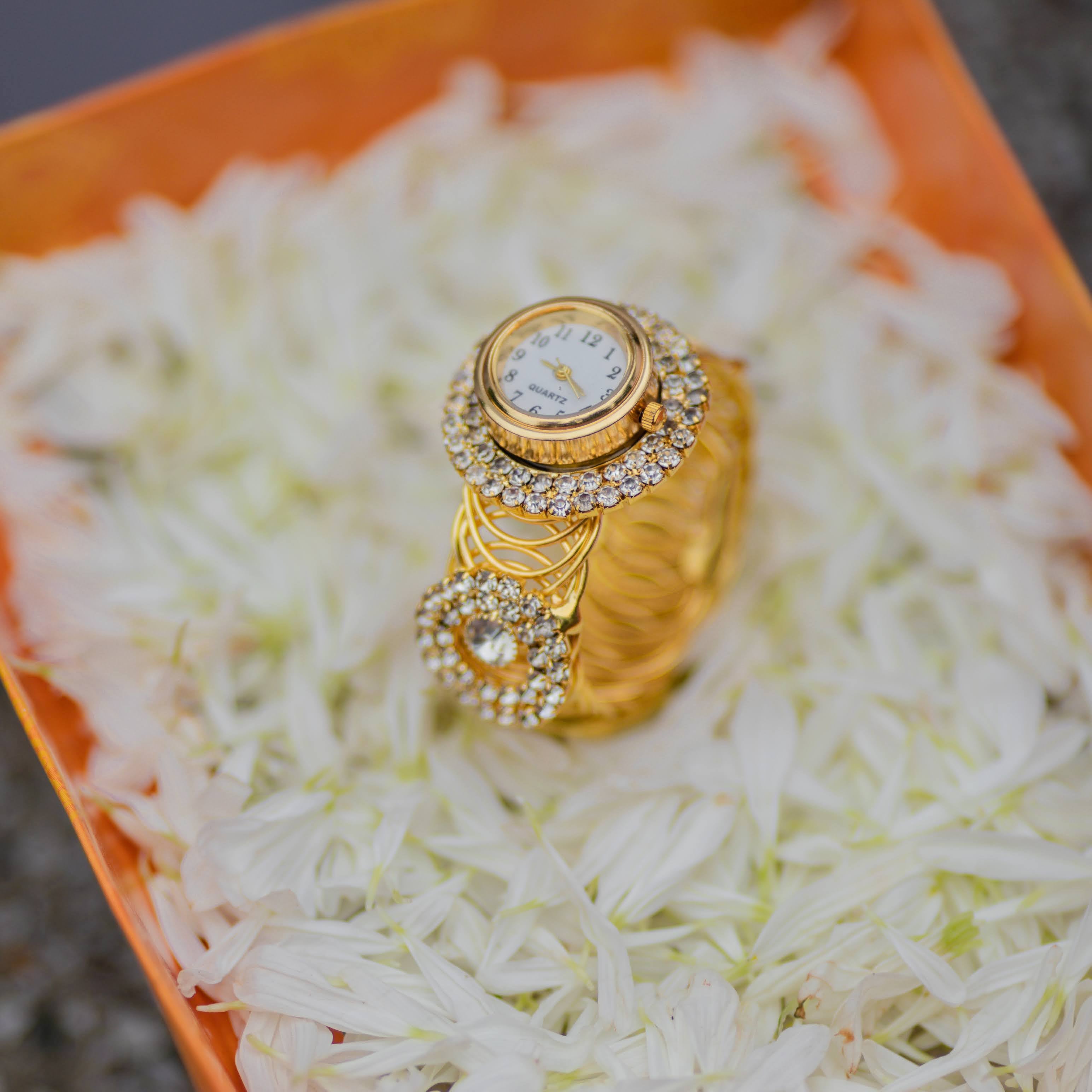 Gold Tone Stone Freesize Adjustable Wrist Watch