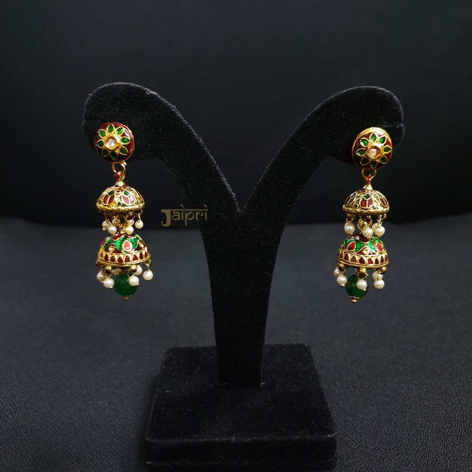 Red Green Floral Meenakari Jhumki Earrings