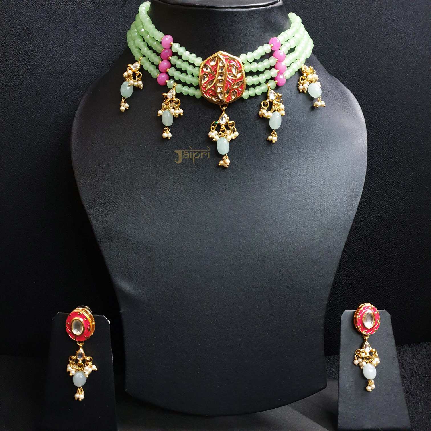 Mint Green Kundan Meenakari Choker Set With Earrings
