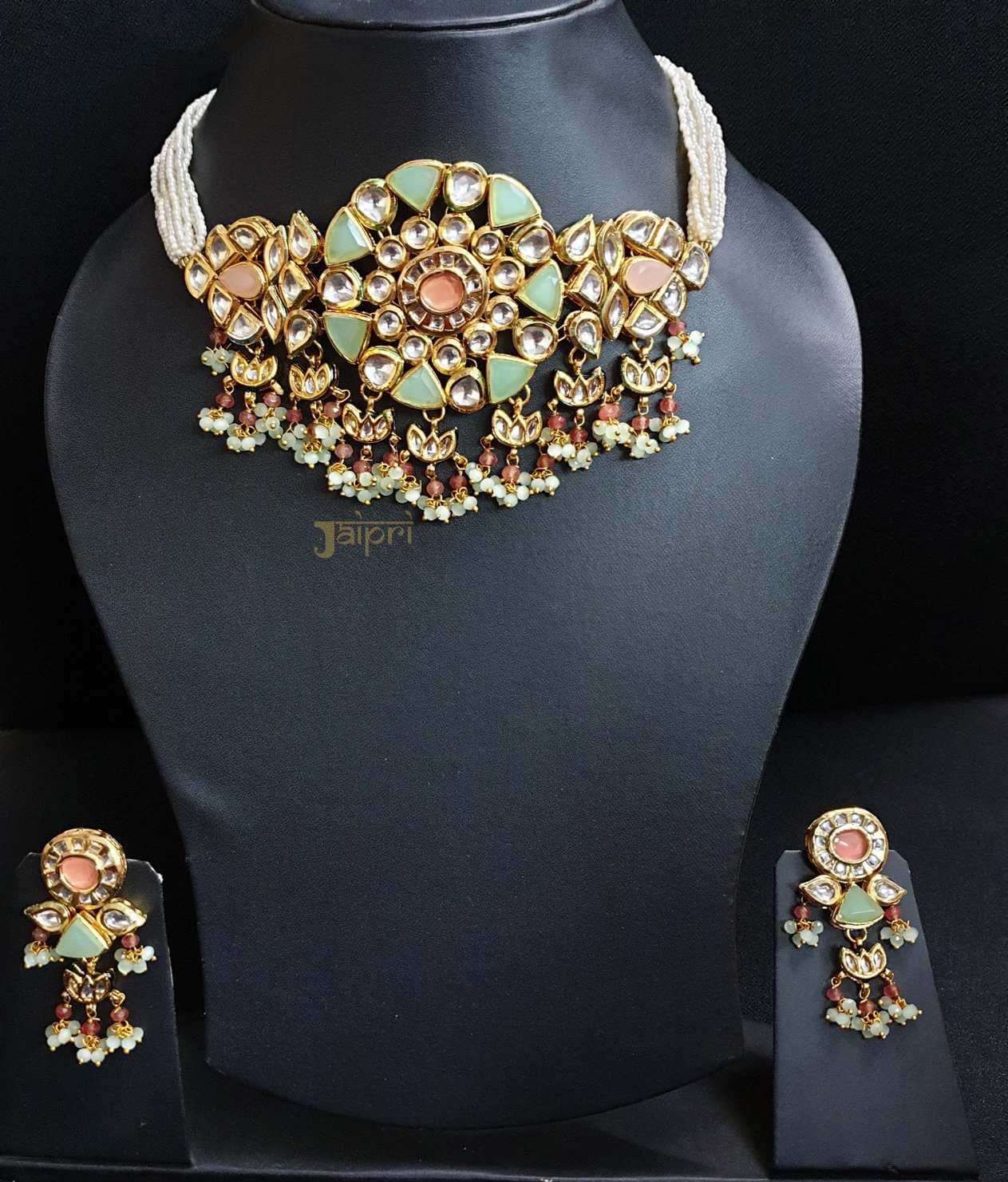 Floral Green Kundan-Jadau, Pearl Stone Choker With Earrings