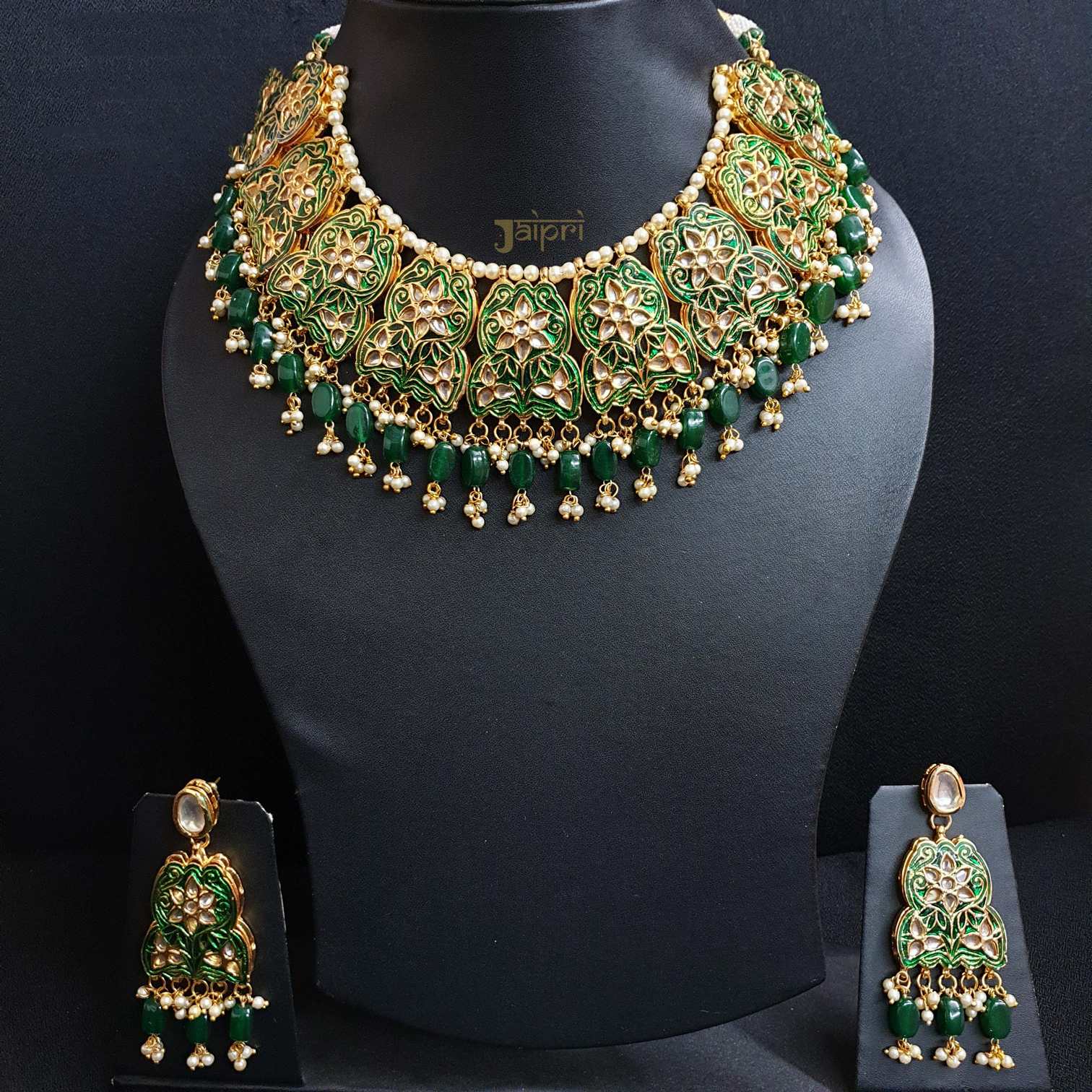 Floral Green Meenakari Statement Choker With Earrings